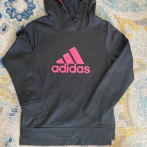Addidas open bottom hoodie in black and pink.